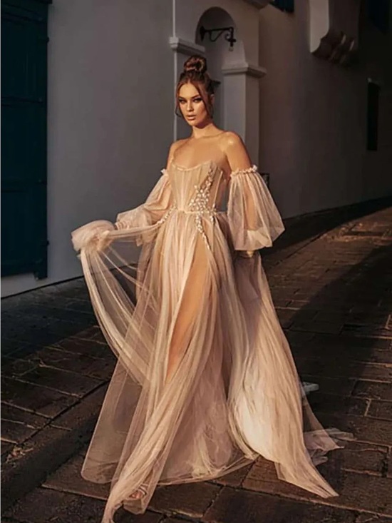 Berta Dresses & Skirts - Sheer Off-Shoulder Tulle Gown in Champagne